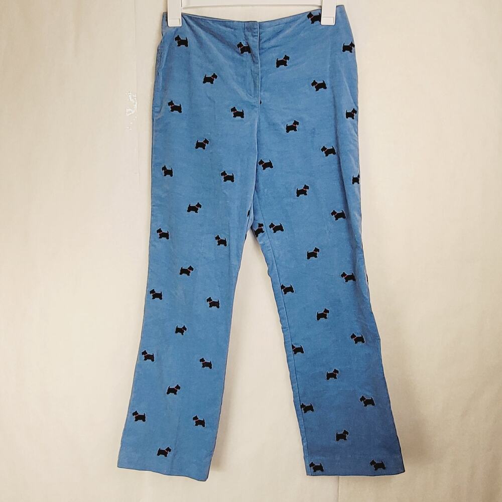 Vintage Lilly Pulitzer Maria blue embroidered Scottie dog velvet pants 8 Retro